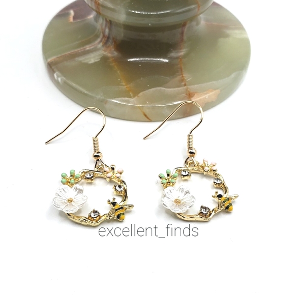 NEW Bee and Flower Dangle Hoop Gold Earrings with Rhinestones - Picture 2 of 3